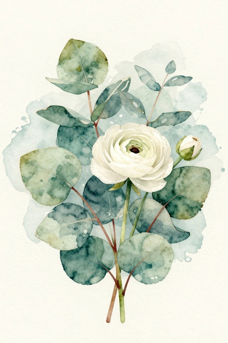 A watercolor painting of a white flower with green eucalyptus leaves and a small bud against a light blue splattered background.