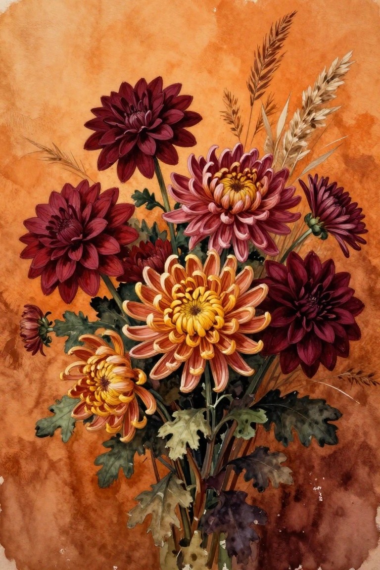 Watercolor bouquet of red, pink and orange chrysanthemums with dried grasses and leaves