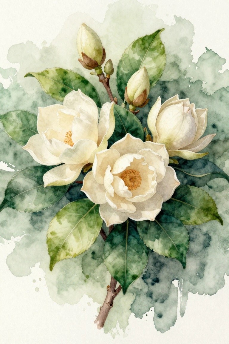 Watercolor of white camellias with yellow centers, green leaves, and buds on branch.