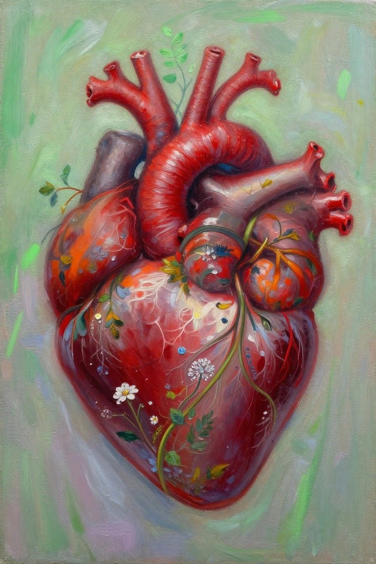 Red anatomical heart adorned with flowers and vines on green background