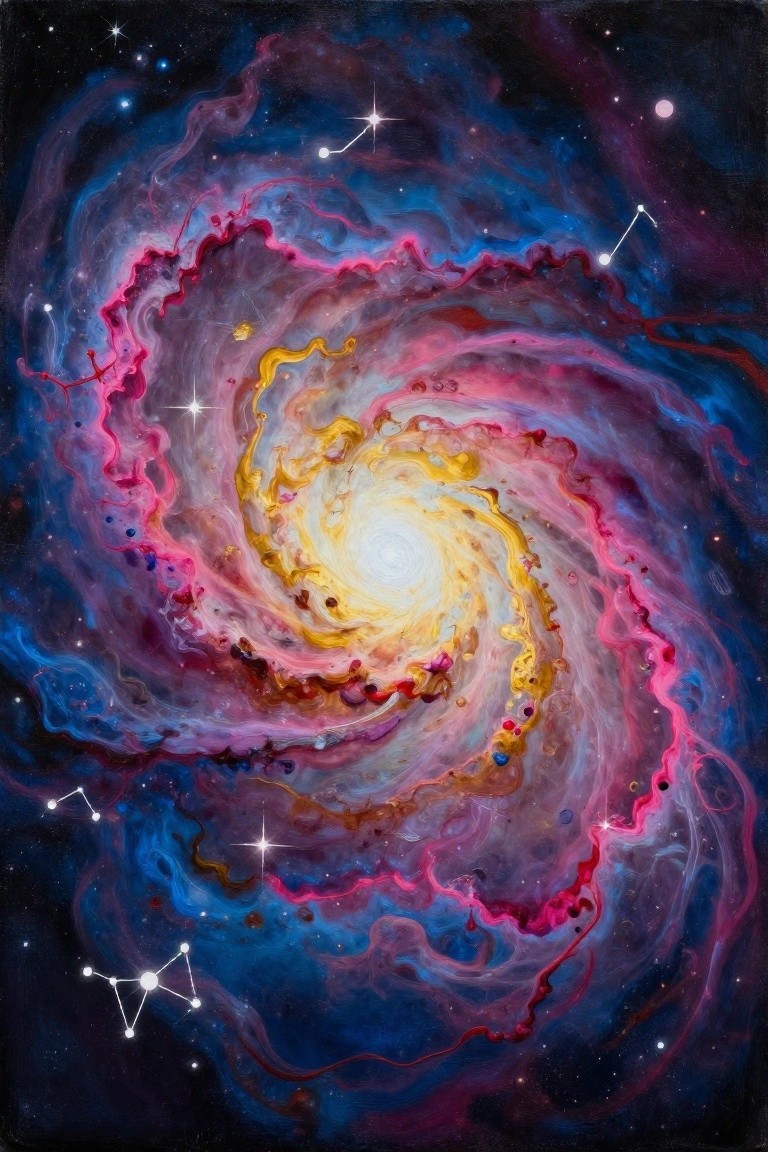 A vibrant spiral galaxy painting with swirling pink, blue, and yellow colors, scattered stars, and constellation lines on a black background.