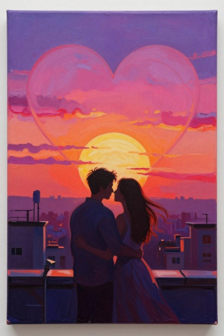 Couple embracing on city rooftop beneath large pink heart at vibrant sunset