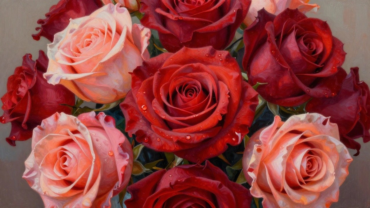 Dewy red and pink roses in a glass vase, painterly still life style