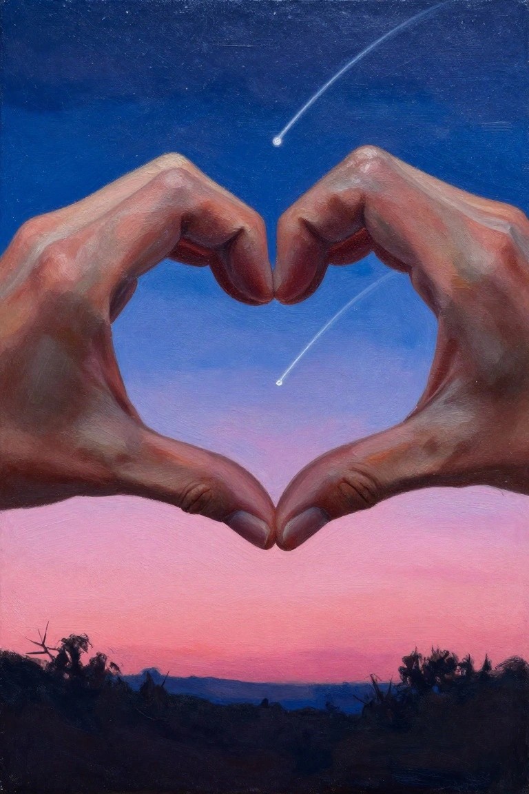 Hands forming a heart framing two shooting stars in a pink-blue twilight sky over hills.