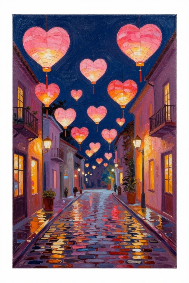 Heart-shaped lanterns glow above wet cobblestone street lined with colorful buildings at night