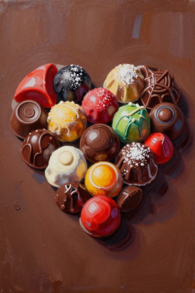 A painting of various colorful chocolates and truffles arranged in the shape of a heart on a brown background.