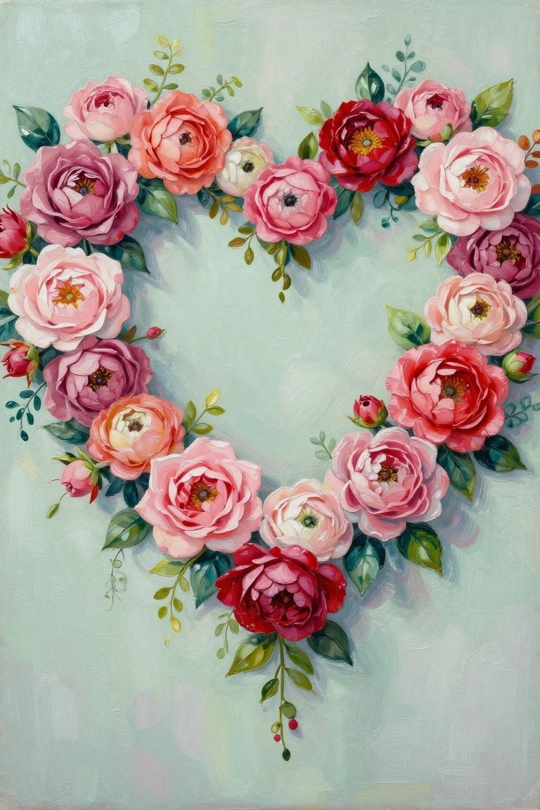 Vibrant pink and red roses arranged in a heart shape on light blue background