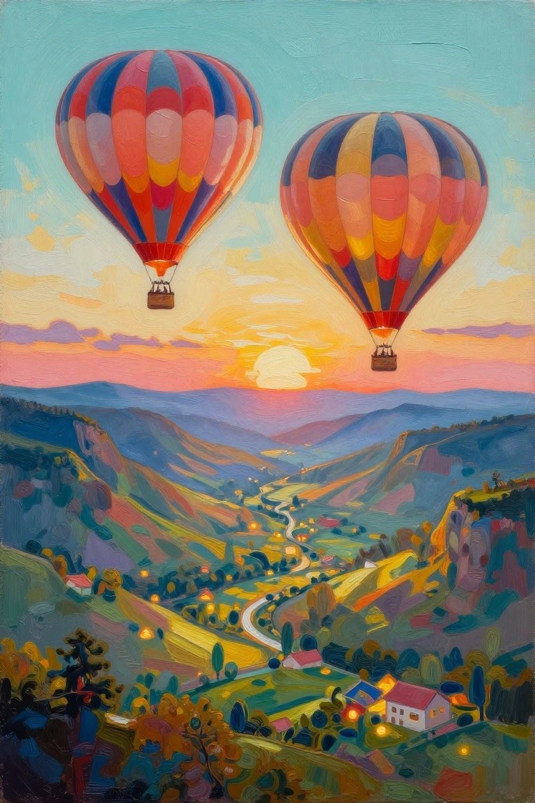 Two striped hot air balloons soaring over a colorful sunset mountain valley