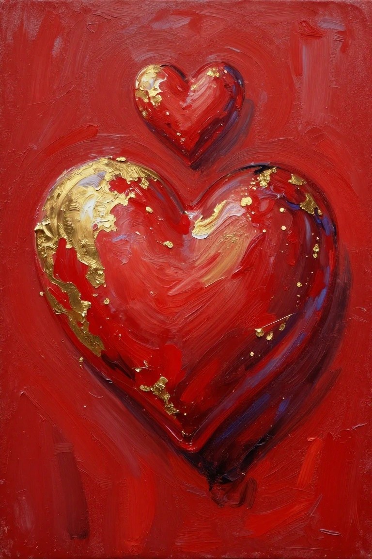 Two red hearts with gold accents in thick impasto brushstrokes on red canvas