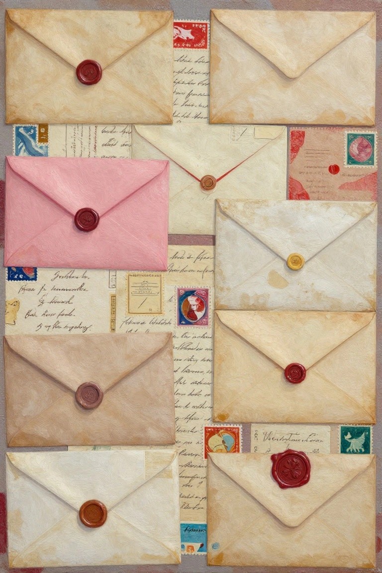 Vintage envelopes with wax seals, stamps, and handwritten script in collage.