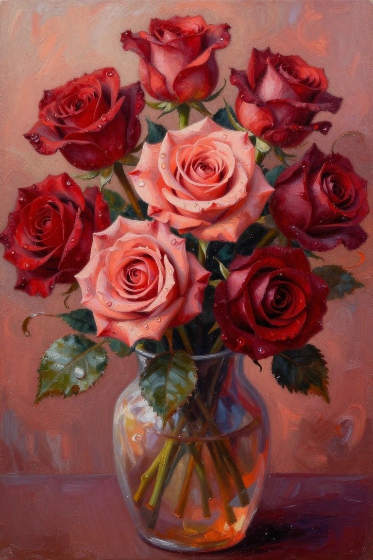 Dewy red and pink roses in a glass vase, painterly still life style