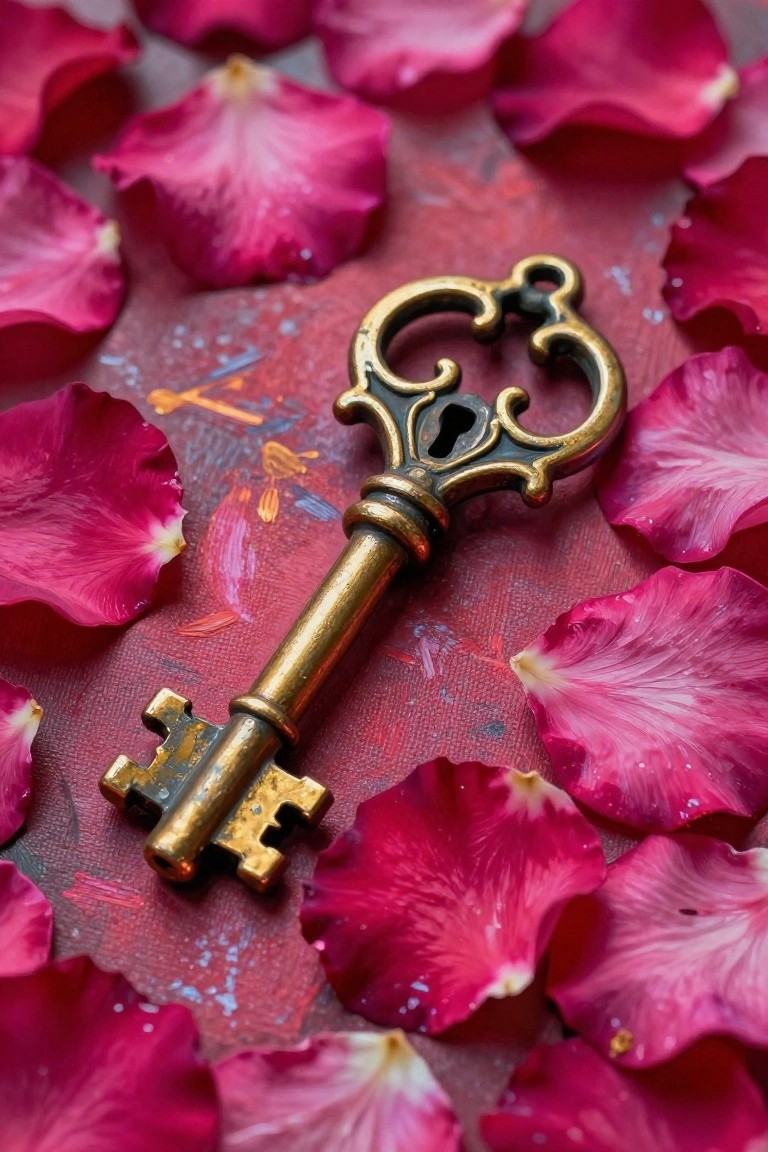 Ornate golden key amid pink rose petals on red painted surface