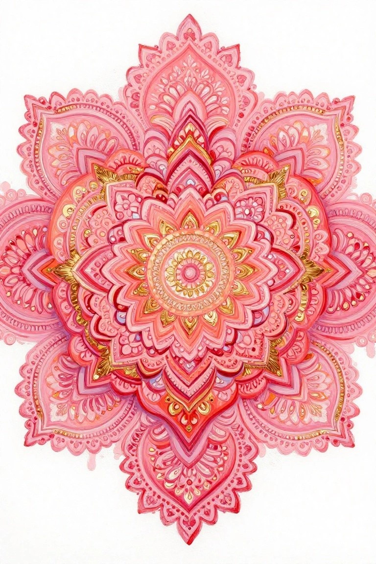 Intricate pink mandala with floral patterns and golden accents in watercolor style