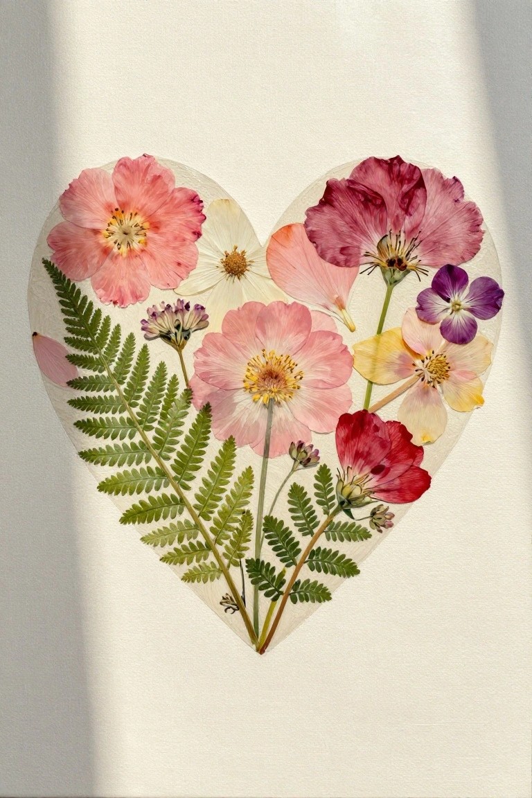 Heart-shaped arrangement of colorful pressed flowers and green ferns on white background