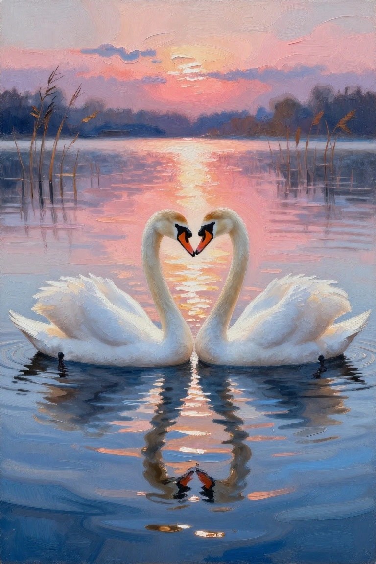 Two white swans form a heart shape on reflective waters at pink sunset.