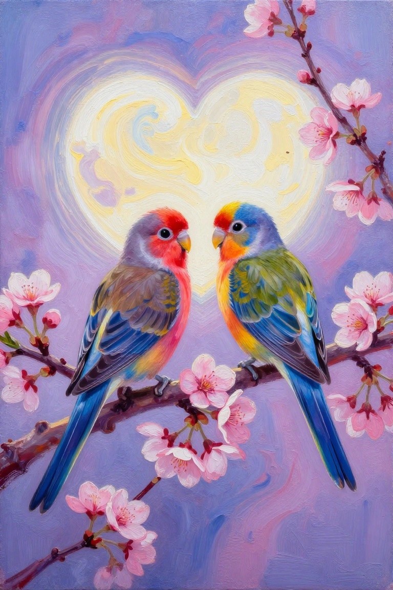 Two colorful birds perch on a branch with pink flowers in front of a large yellow heart on a purple background.