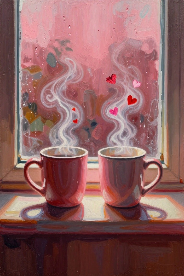 Two red mugs with heart-shaped steam on a windowsill before a pink rainy window