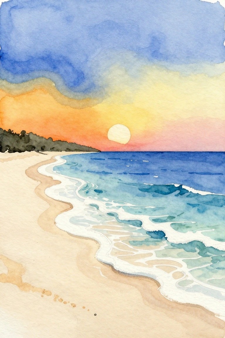 Watercolor painting of a curving sandy beach with blue ocean waves and a sunset sky containing a low white sun.