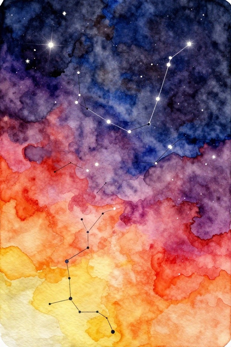 Watercolor painting of several constellations connected by thin lines and dots against a blended background of blue and purple at the top fading into red, orange, and yellow at the bottom with scattered white stars.
