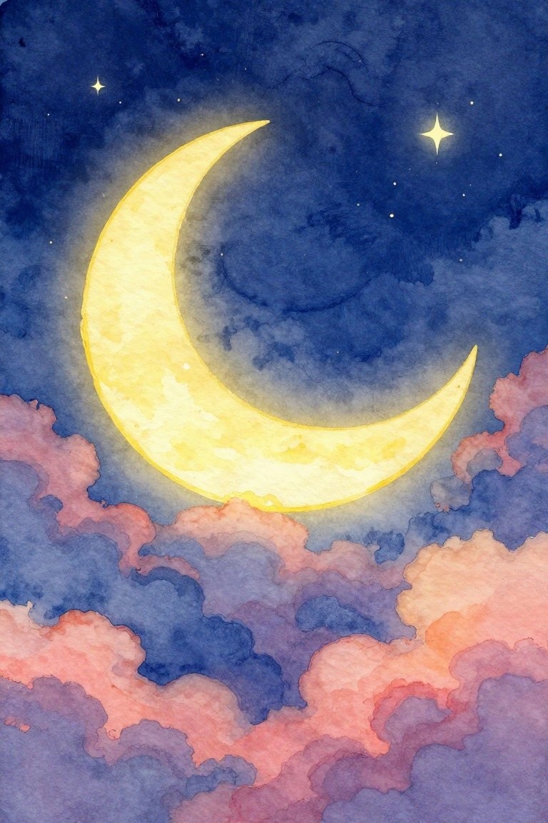 Glowing yellow crescent moon in starry blue sky above pink and purple clouds