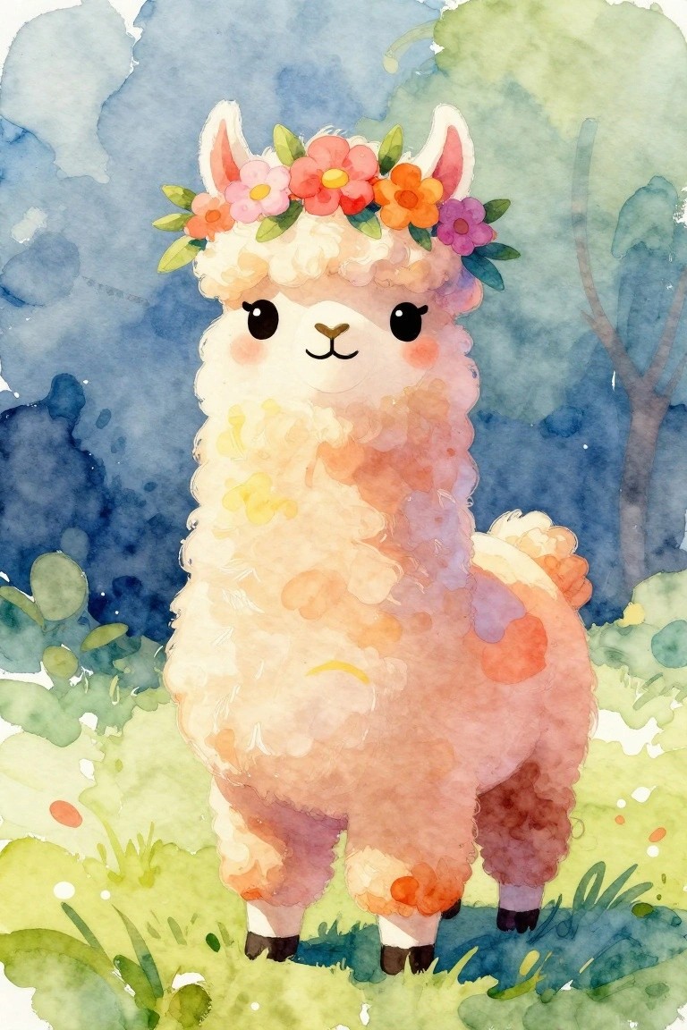 Cute fluffy llama with colorful flower crown in a watercolor meadow