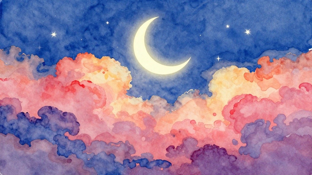 Glowing yellow crescent moon in starry blue sky above pink and purple clouds