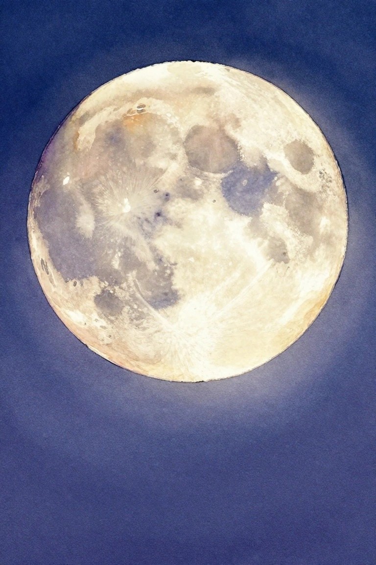 Watercolor full moon with craters and maria on deep blue night sky.