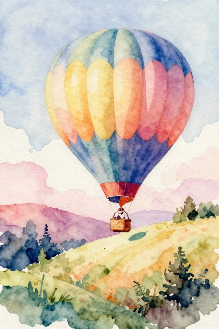 Colorful striped hot air balloon floating above rolling watercolor hills and trees