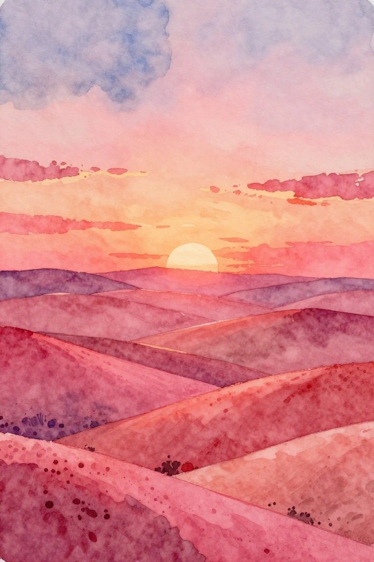 Watercolor sunset over rolling pink and purple hills with vibrant sky