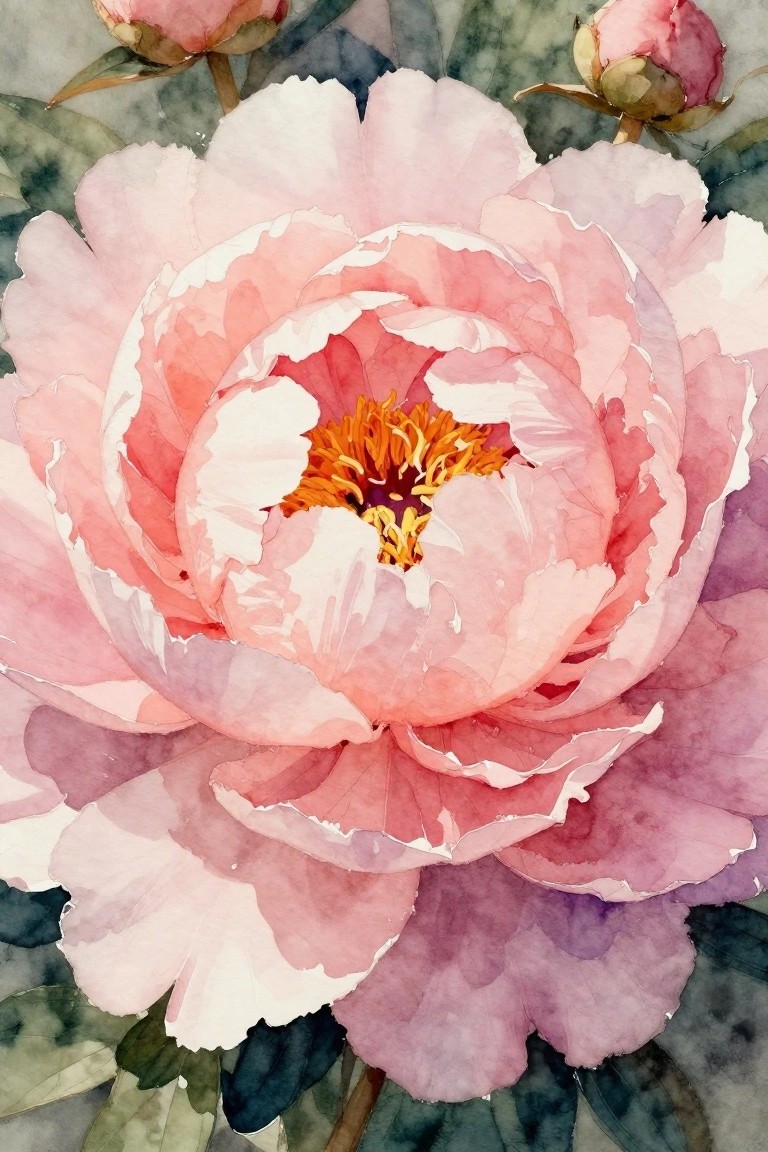 A close-up watercolor painting of a large pink peony with layered petals, an orange center, and a few buds and leaves in the background.