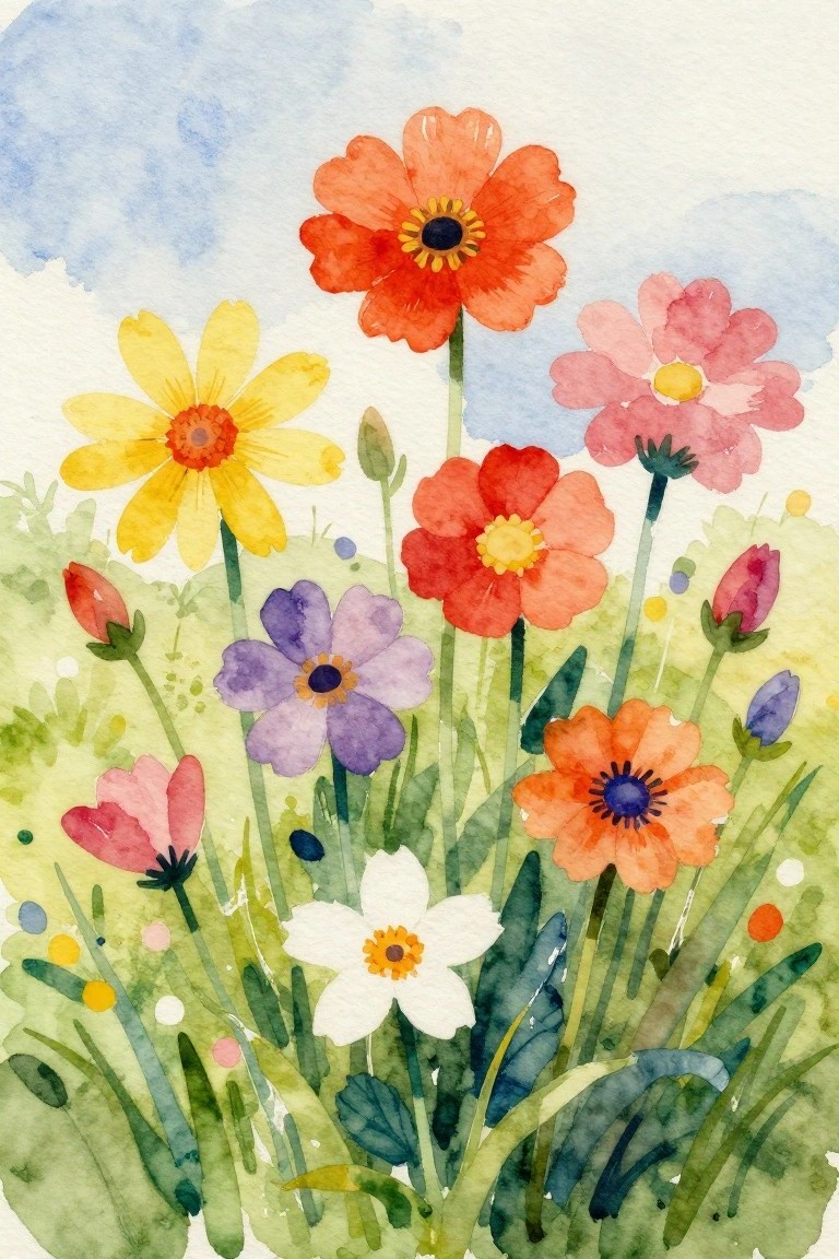 Vibrant watercolor wildflowers in red, yellow, pink, purple, and white hues