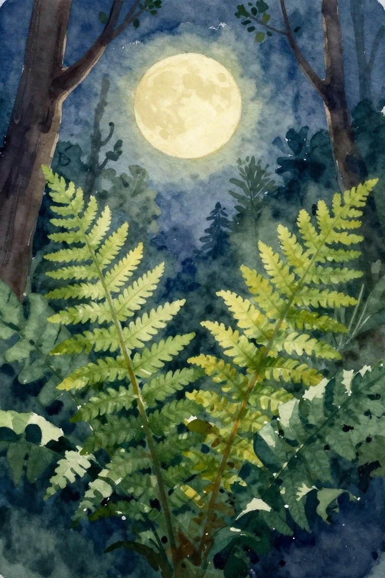 Watercolor forest at night with glowing full moon above lush green ferns