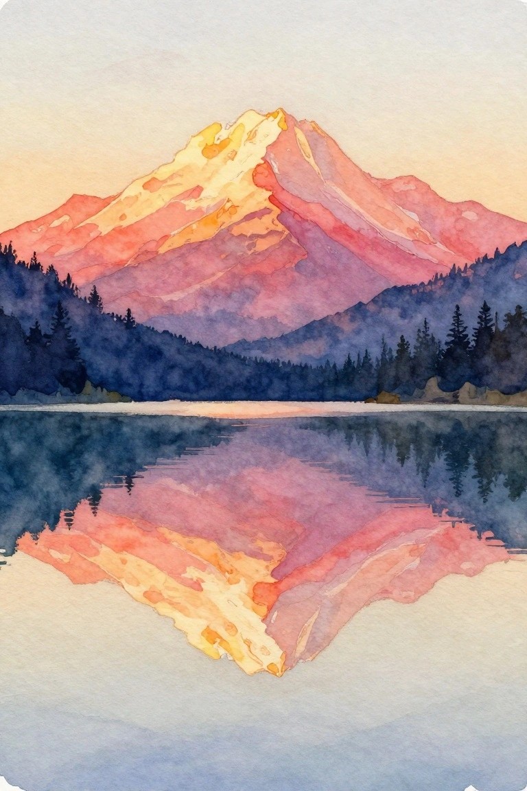 A watercolor painting of a mountain peak with pink and yellow highlights reflected in a calm lake, dark trees along the shore.