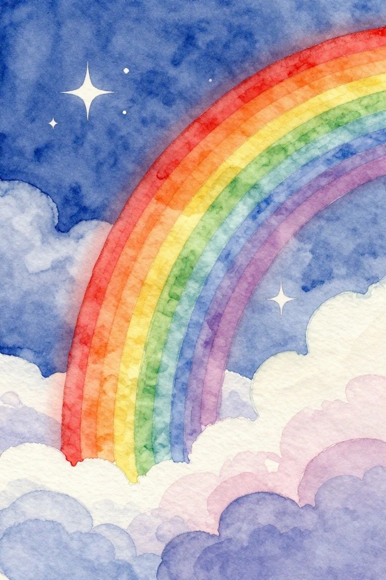 A watercolor painting of a colorful rainbow arching over fluffy clouds in a dark blue starry sky.