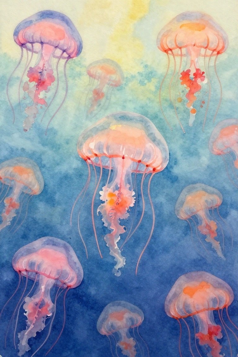 Watercolor painting of multiple jellyfish in pink and orange against a blue and yellow background.
