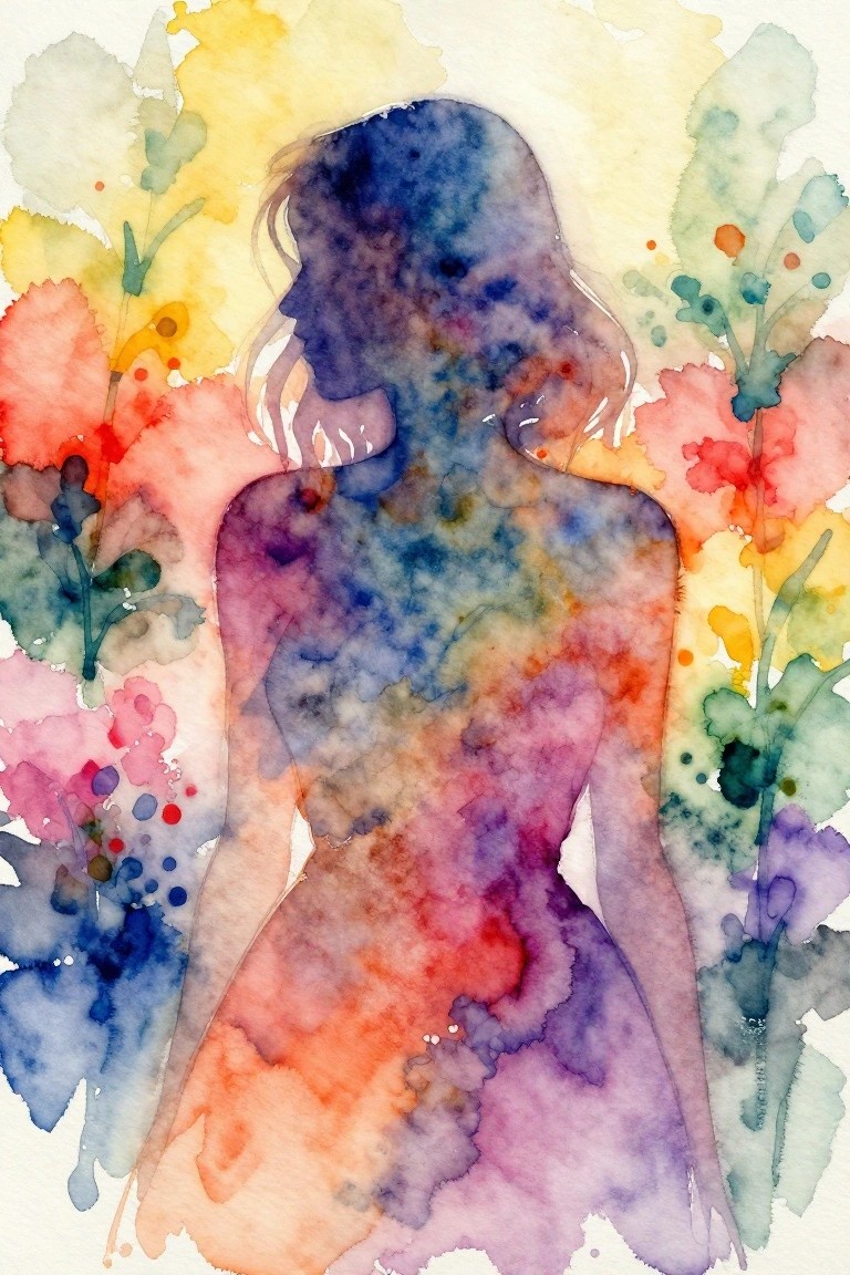 A watercolor painting shows a woman's profile silhouette filled with blended blue, purple, and orange washes, surrounded by abstract pink, yellow, and green floral shapes on a light background.