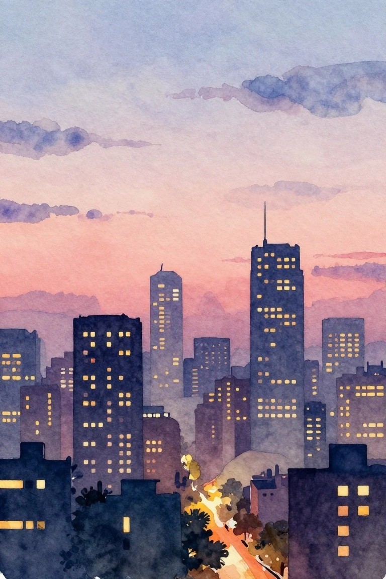 Watercolor cityscape of glowing skyscrapers beneath a pink-purple twilight sky.