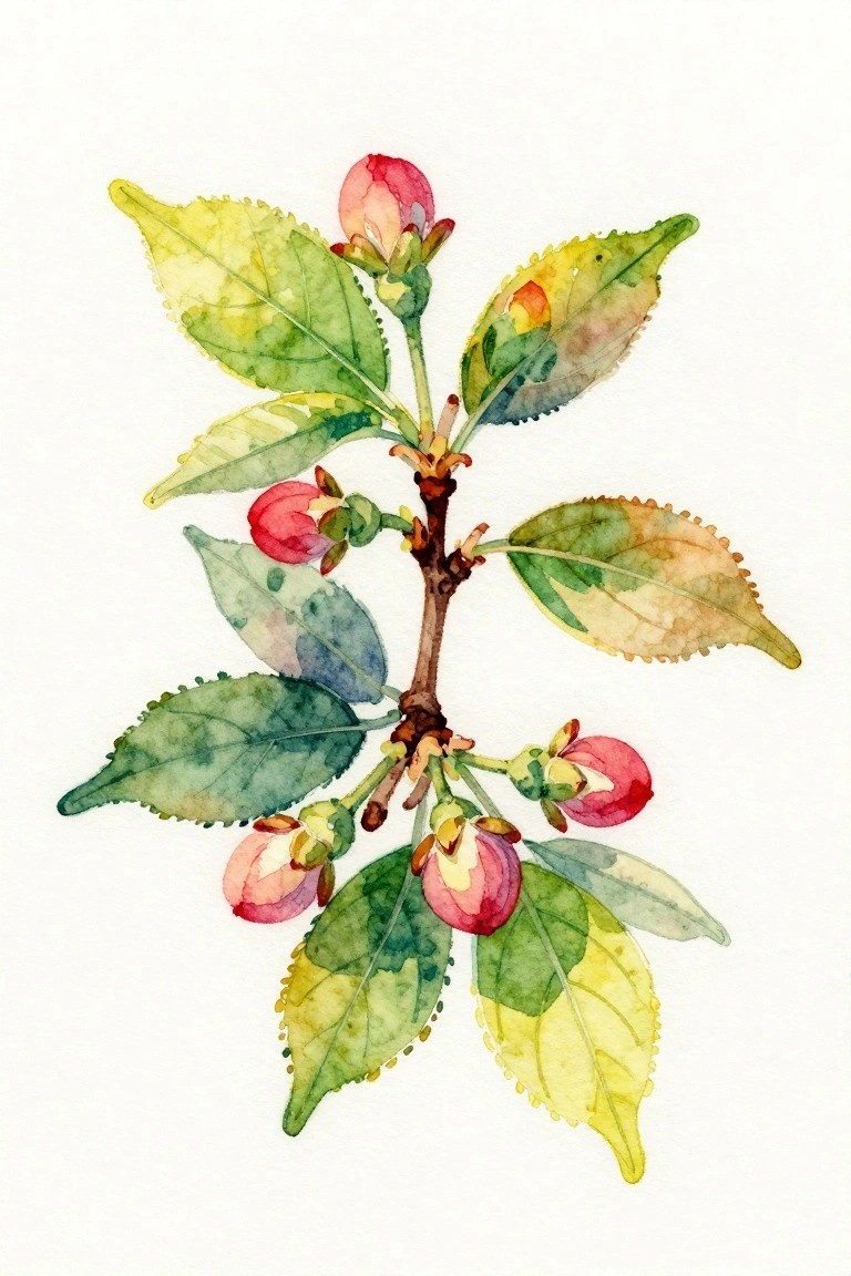Watercolor of leafy branch with green-yellow leaves and pink-red buds