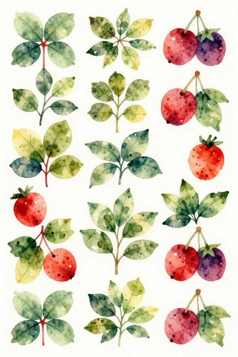 A grid of loose watercolor leaves in green tones alongside small paintings of cherries and strawberries on white paper.