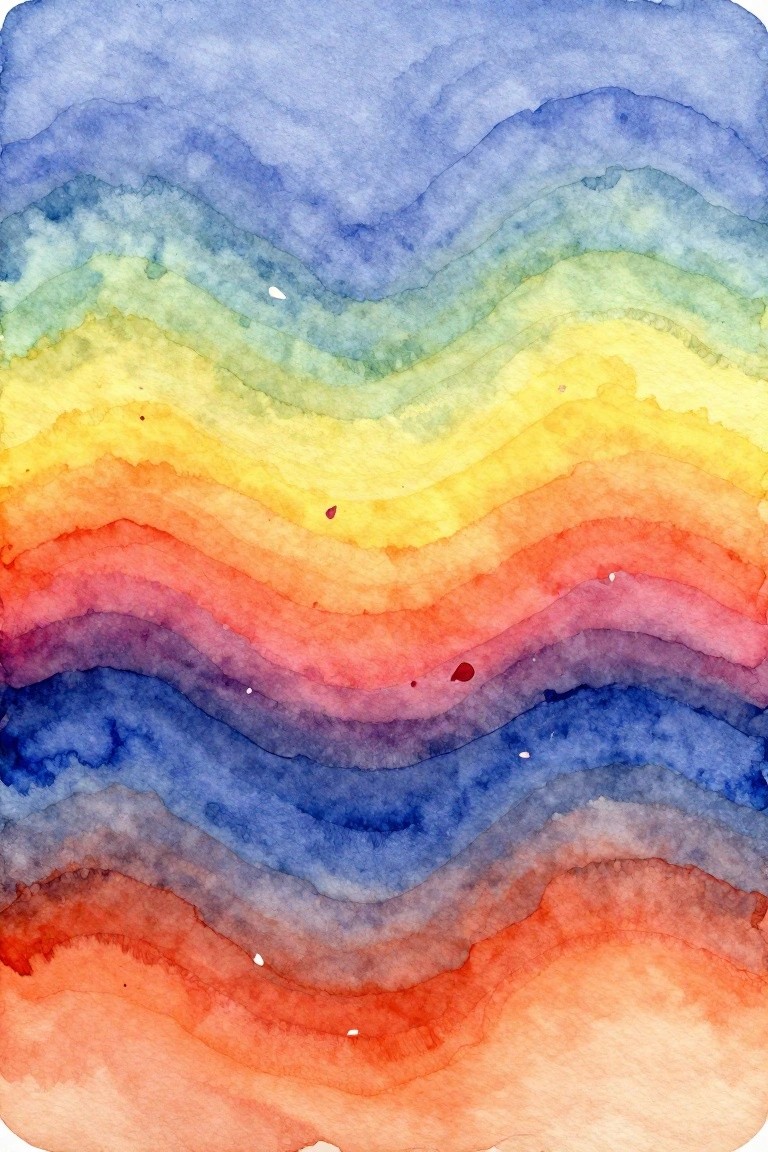 Watercolor waves of rainbow hues blending from blue through yellow to red