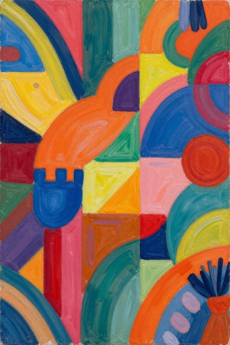 Vibrant abstract painting with colorful geometric shapes and bold curved brushstrokes.