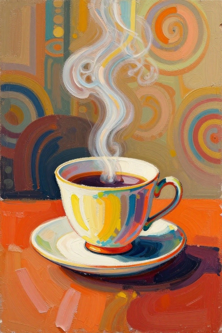 A colorful painting of a steaming cup of coffee on a saucer against a swirling abstract background.