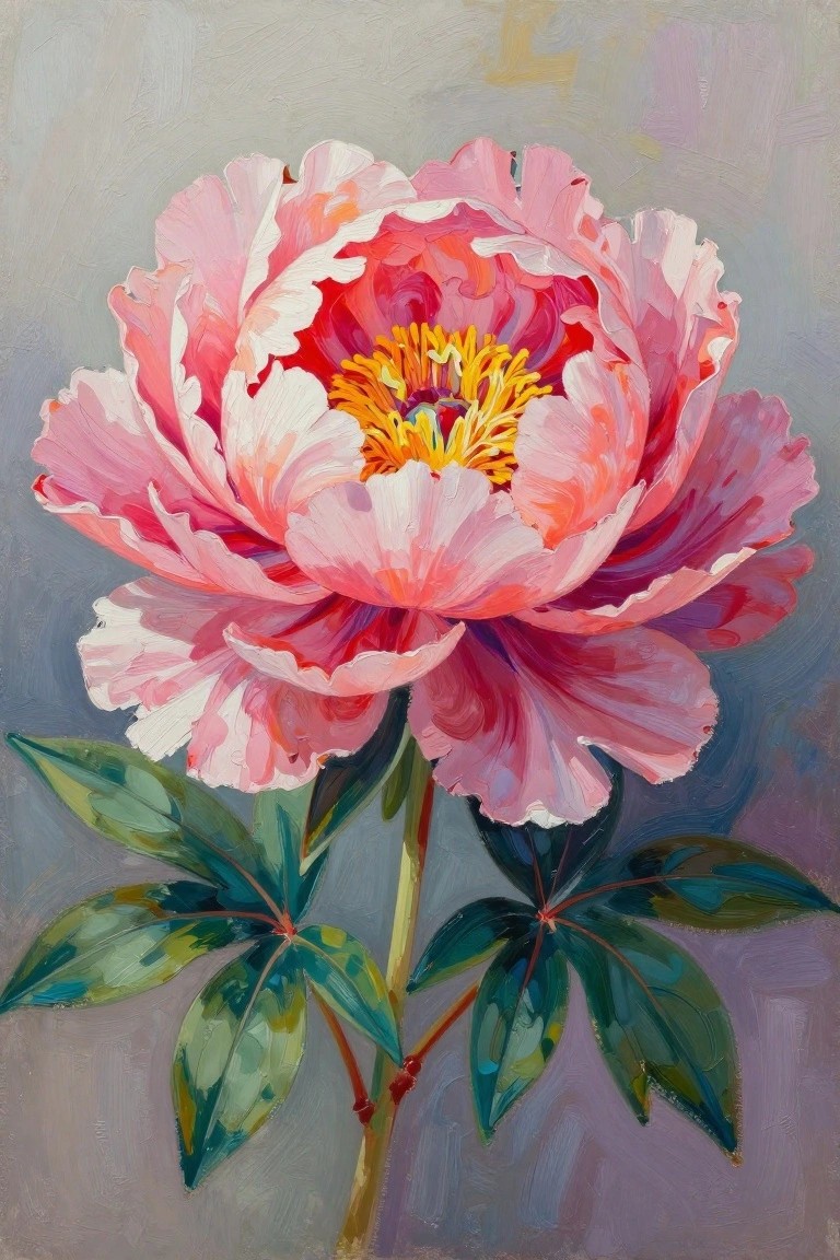 Vibrant pink peony with yellow stamens, layered petals, and green leaves in oil painting