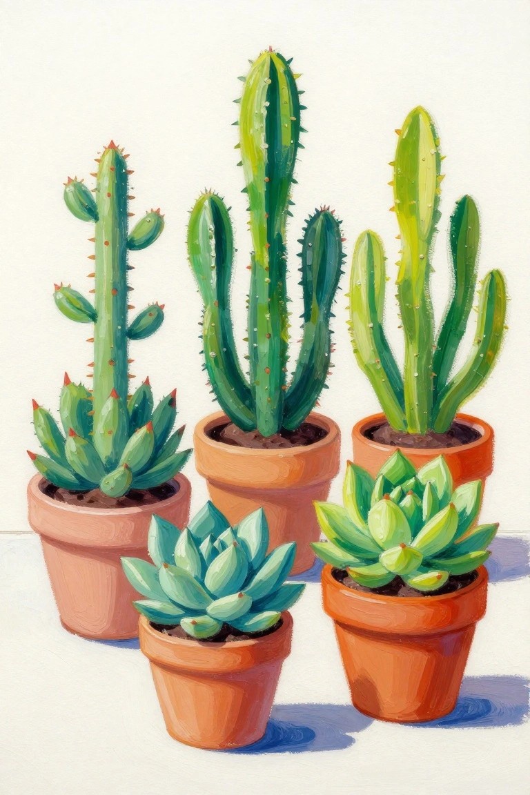 Several potted cacti and succulents in orange pots on white surface