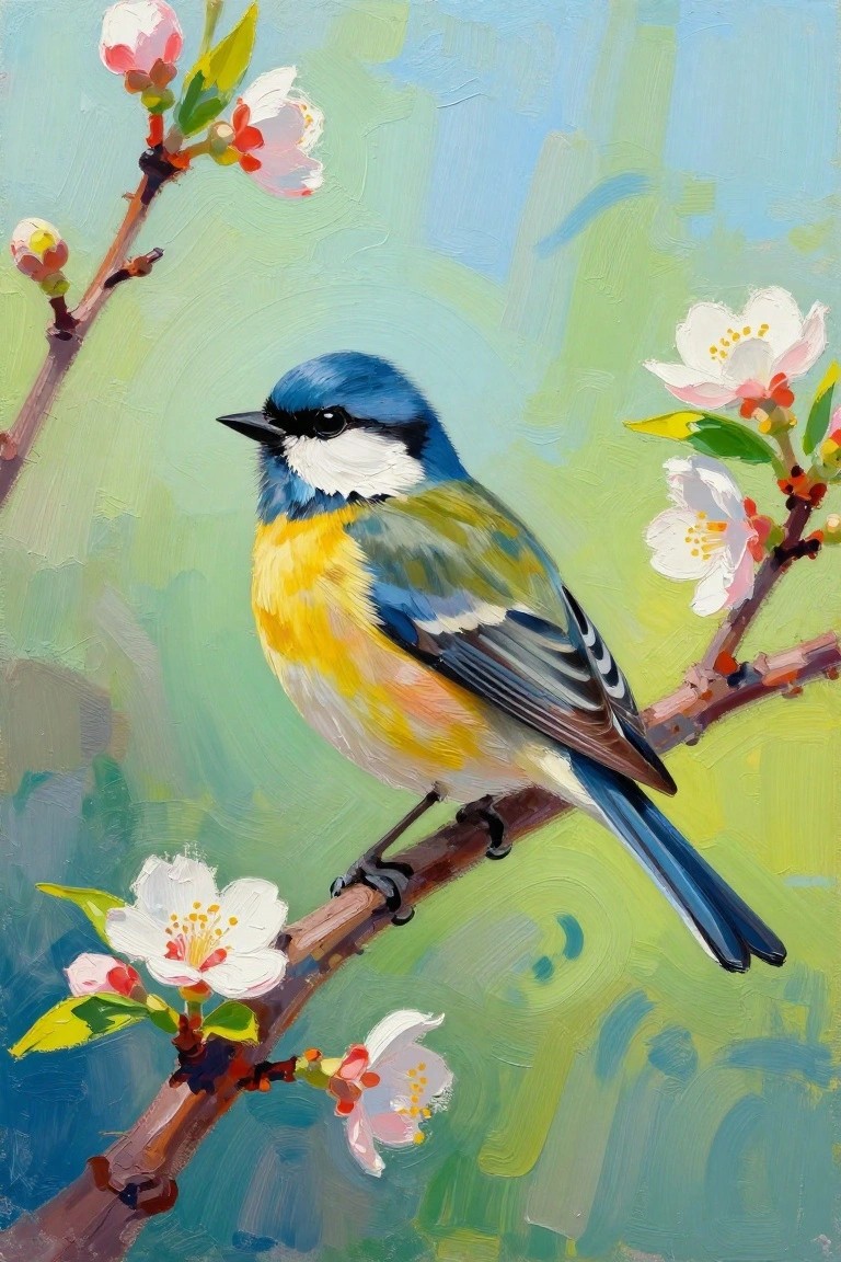 Colorful blue and yellow bird perched on branch amid pink and white blossoms