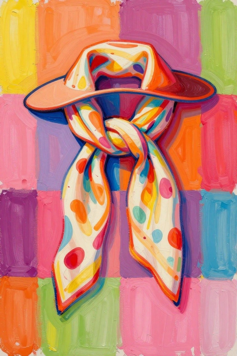 Vibrant painting of wide-brimmed hat with knotted polka dot scarf on colorful background