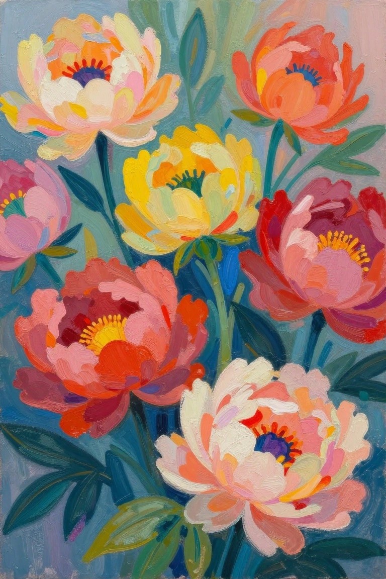 A painting of several colorful peonies in pink, orange, yellow, and red with green leaves against a blue background.