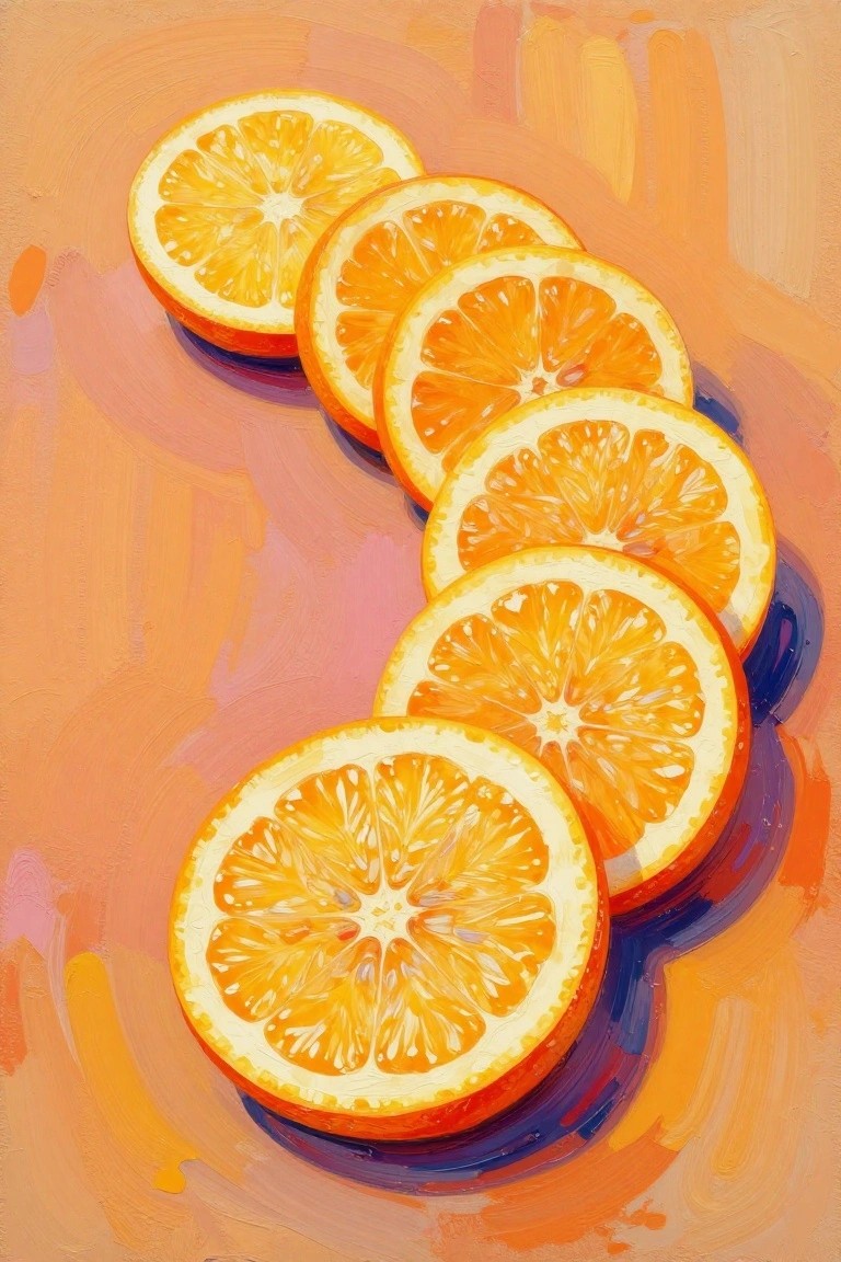 Vibrant orange slices arranged diagonally on an abstract painted background