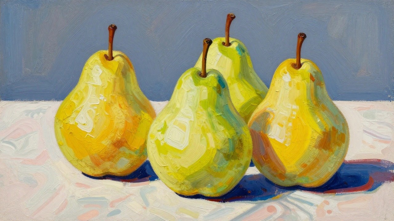 Three yellow pears with stems on white cloth in vibrant oil painting style