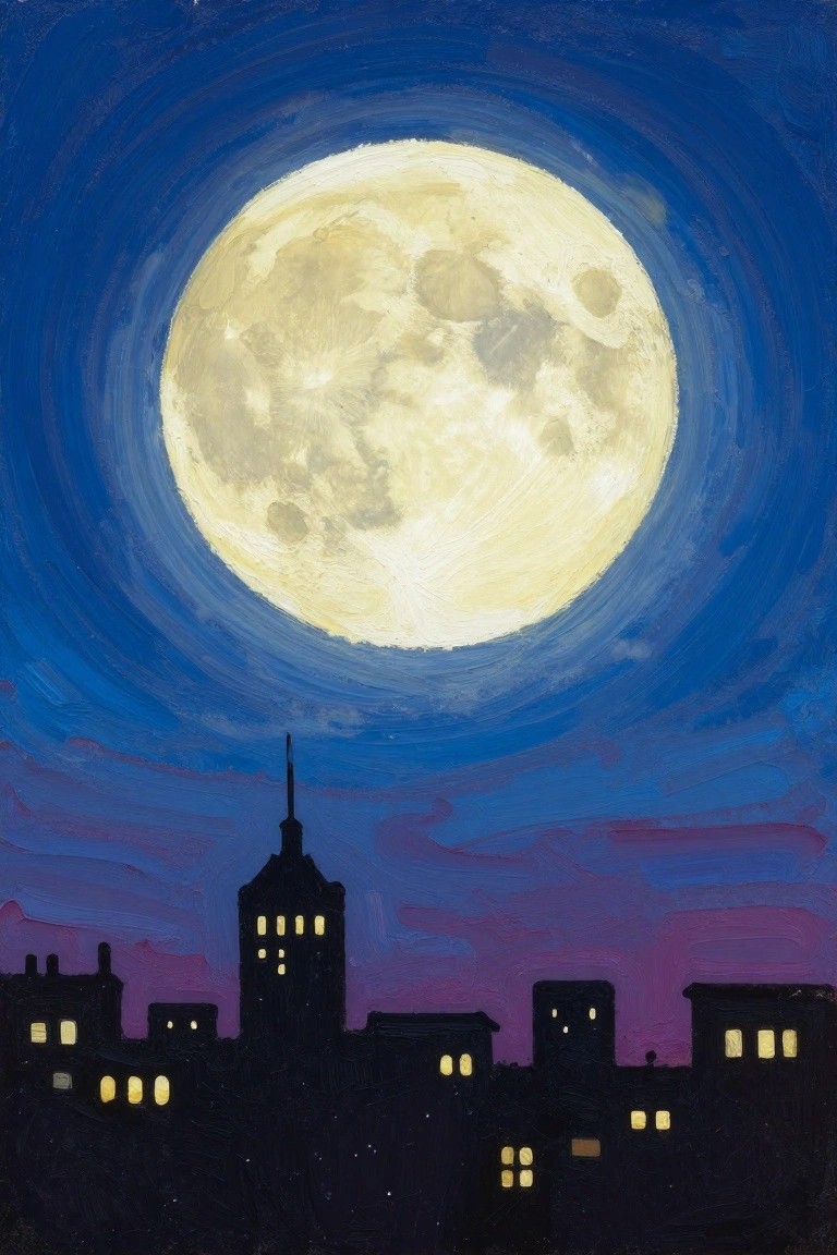 A large full moon in a blue sky above dark building silhouettes with a few lit windows.